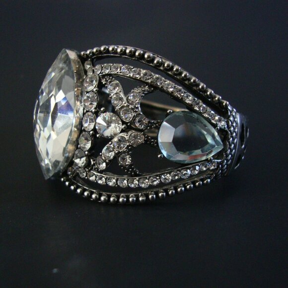 Vintage Silver Tone Clear Crystal Gemstone Hinged Cuff Bracelet - Picture 3 of 6